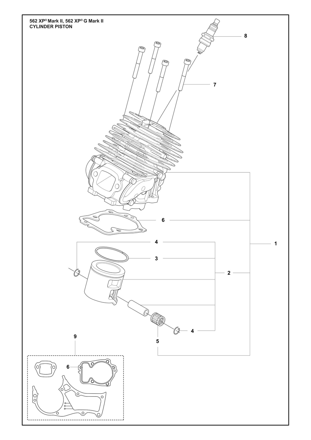 Cylinder Piston Diagram and Parts List for 562XPMARKII  Husqvarna Chainsaw