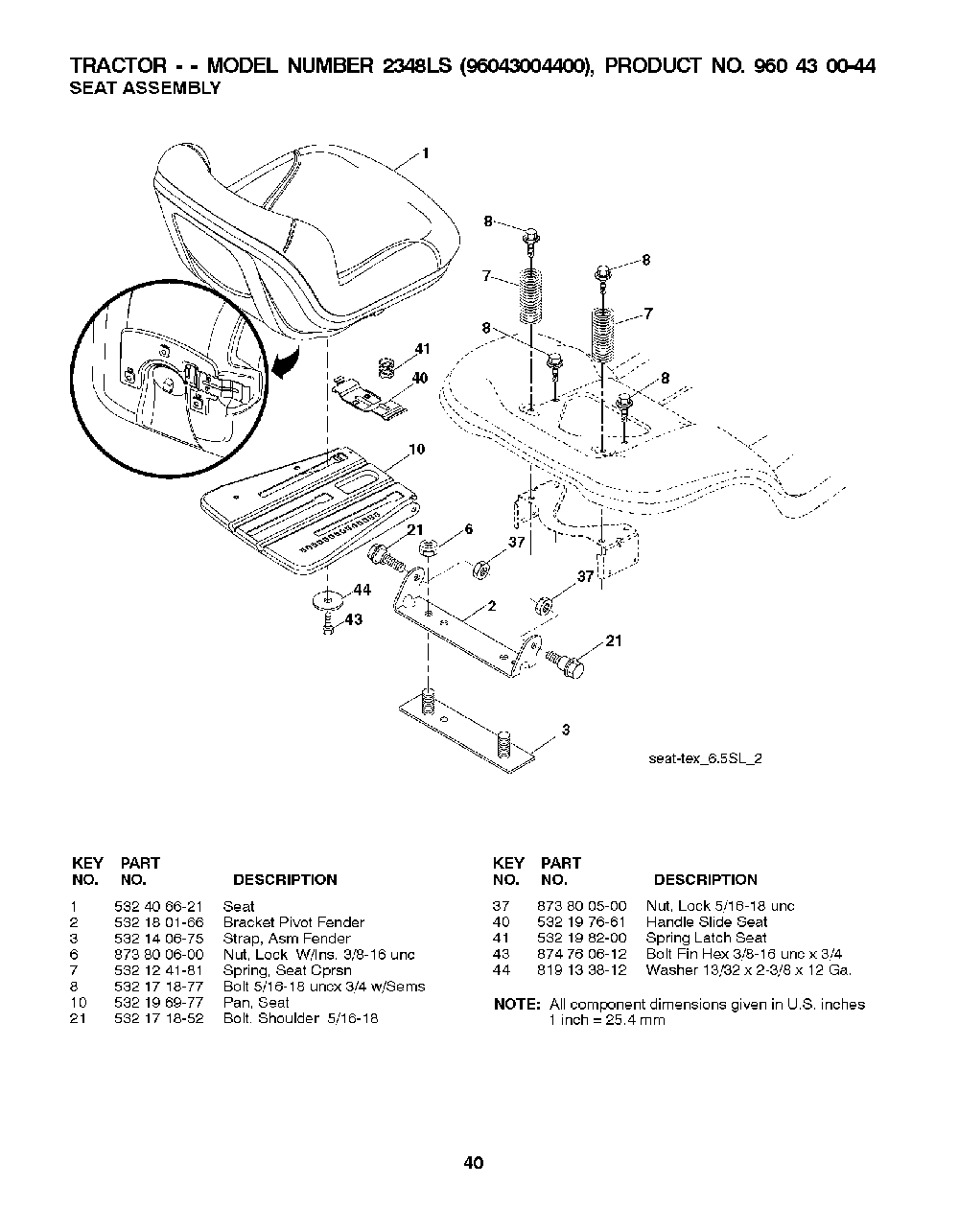 Seat Diagram and Parts List for 2348LS (96043004400)(2008-01) Husqvarna Lawn Tractor