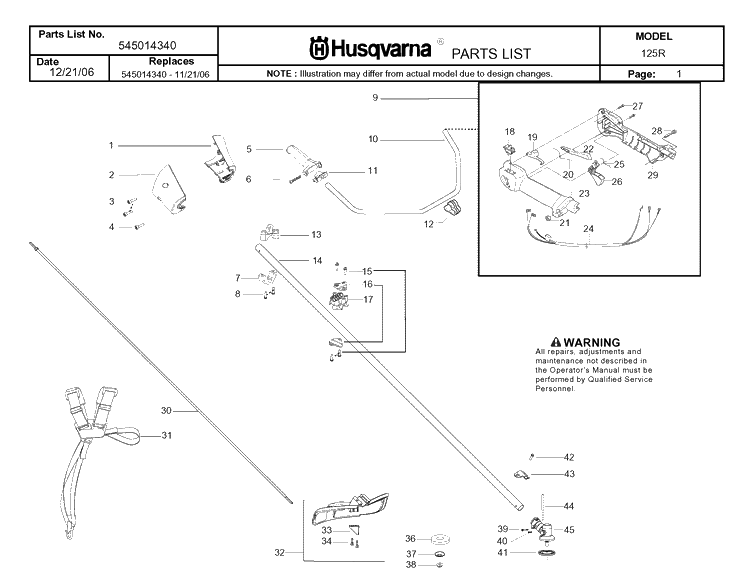 Shaft And Handle Diagram and Parts List for 125R 20074000001-20082200000 Husqvarna Brush Cutter