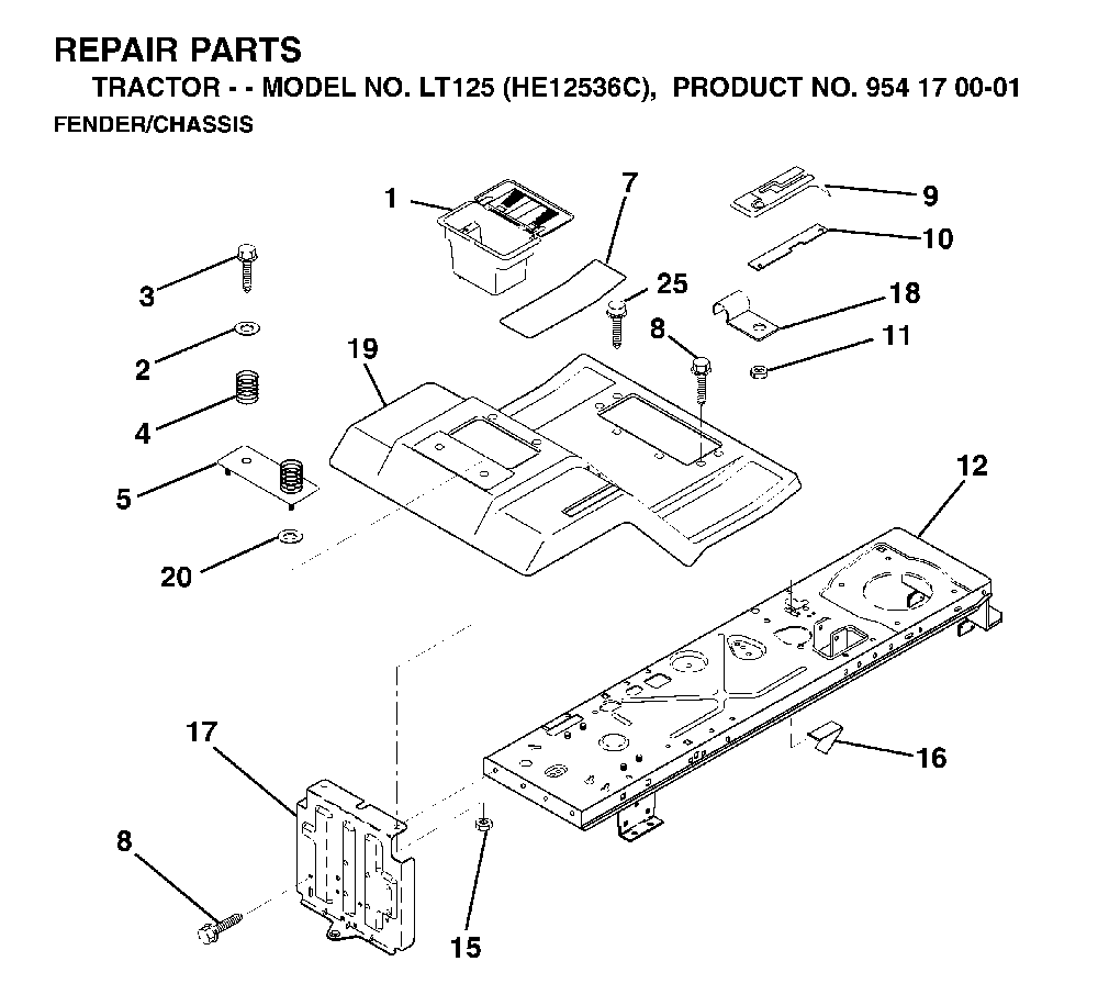 Chassis / Frame Diagram and Parts List for LT125 (HE12536C, 954170001)(1998-03) Husqvarna Lawn Tractor