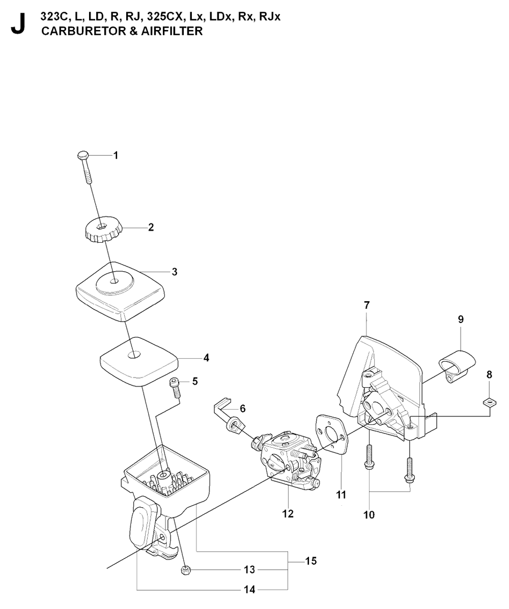 Carburetor And Air Filter Diagram and Parts List for 325CX 20080900001 & Above Husqvarna Trimmer