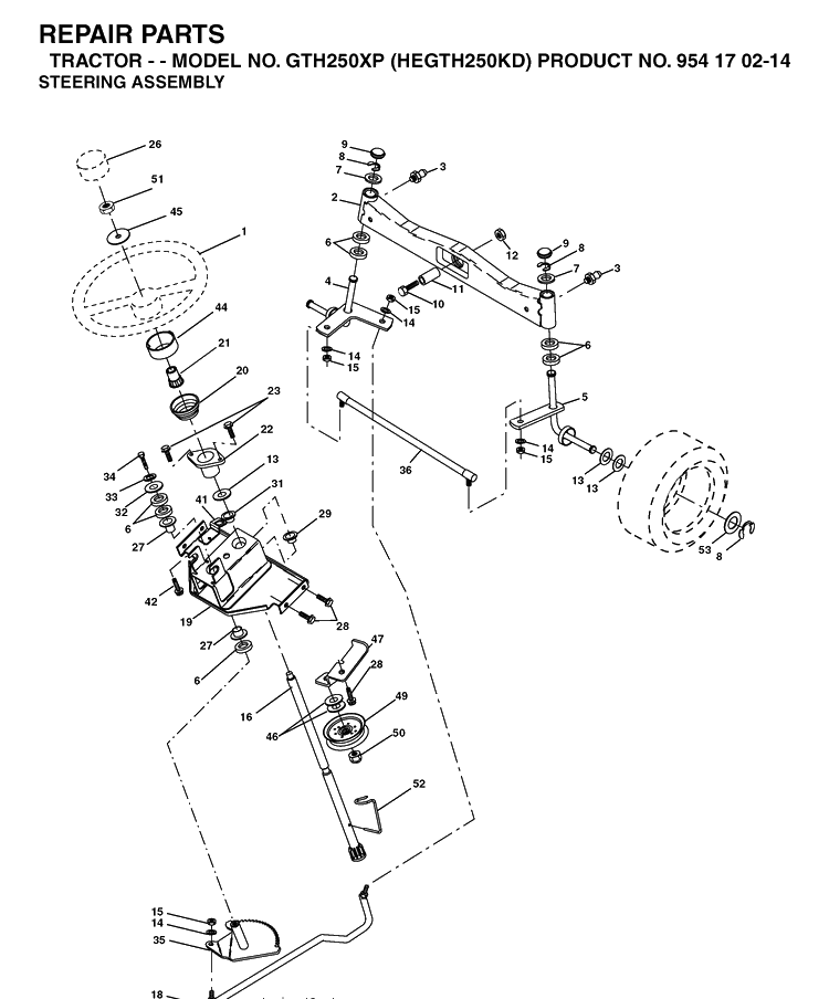 Steering Diagram and Parts List for GTH250XP (HEGTH250KD)(2004-09) Husqvarna Lawn Tractor