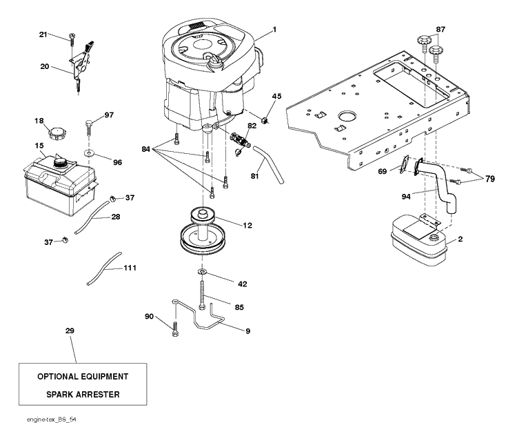 Engine Diagram and Parts List for YTH2042 (96043012101)(2010-12) Husqvarna Lawn Tractor