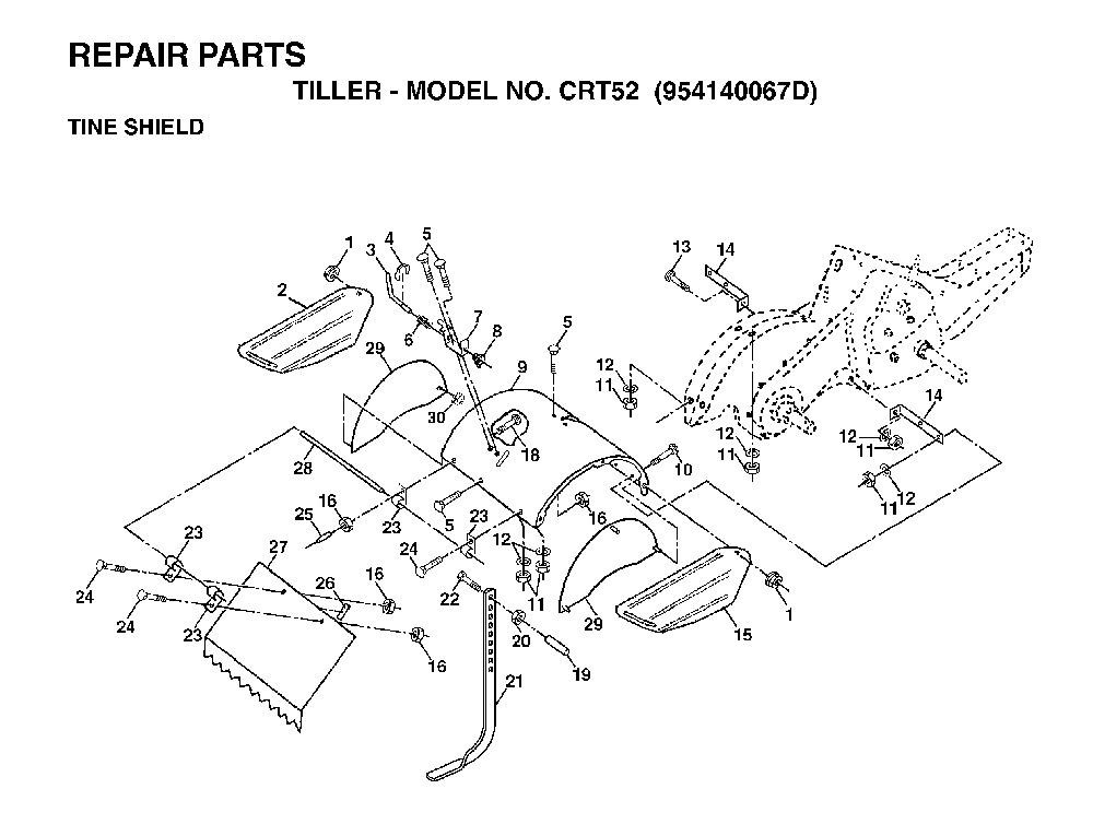 Tine Shield Diagram and Parts List for CRT52 (954140067D)(1999-03) Husqvarna Tiller