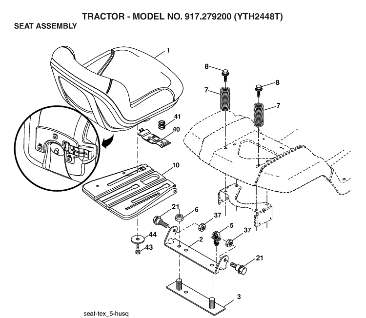 Seat Diagram and Parts List for YTH2448T (917279200)(2006-01) Husqvarna Lawn Tractor