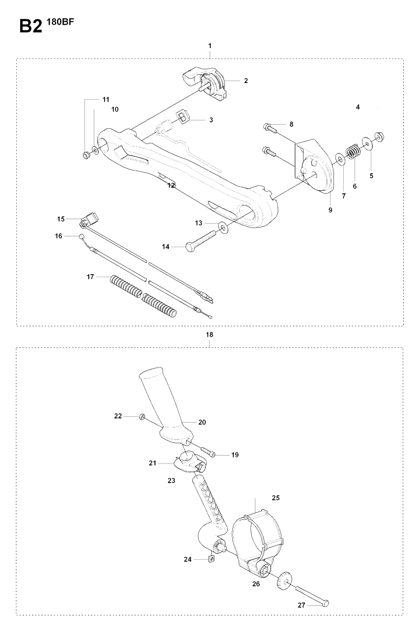 Handle And Controls Diagram and Parts List for 180BF 20084000001 & Above Husqvarna Leaf Blower / Vacuum