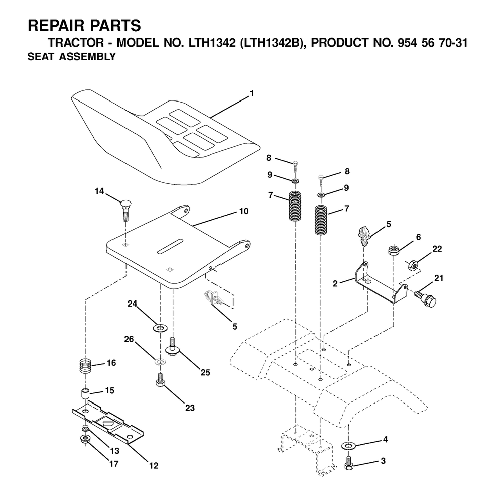 Seat Diagram and Parts List for LTH1342 (954567031-B)(2000-12) Husqvarna Lawn Tractor