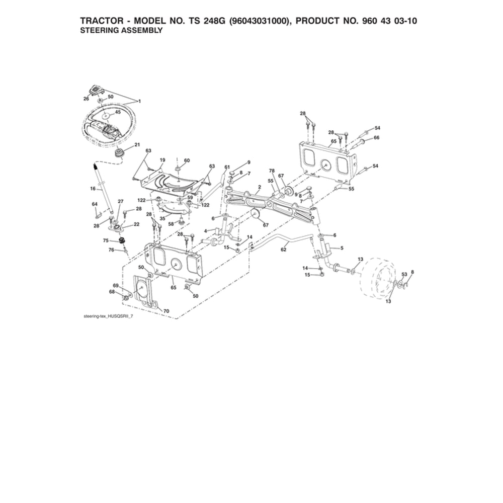 Steering Assy Diagram and Parts List for 96043031000  Husqvarna Lawn Tractor