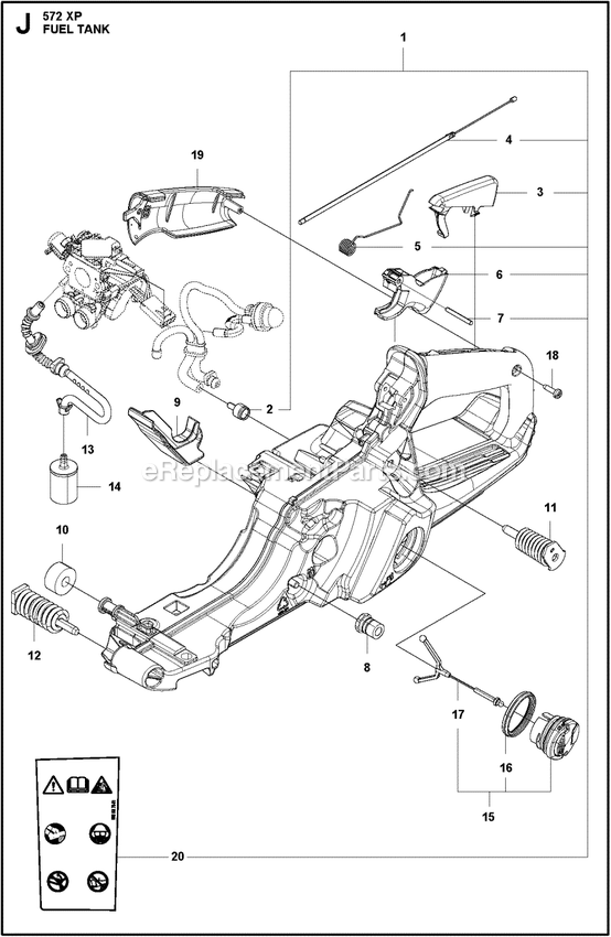 Fuel Tank Diagram and Parts List for 572XPG  Husqvarna Chainsaw
