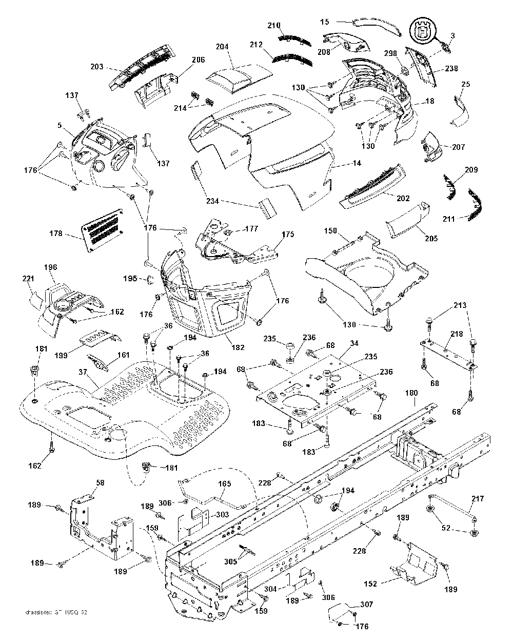 Chassis And Enclosures Diagram and Parts List for YTH200TWIN (96041006401)(2009-02) Husqvarna Lawn Tractor