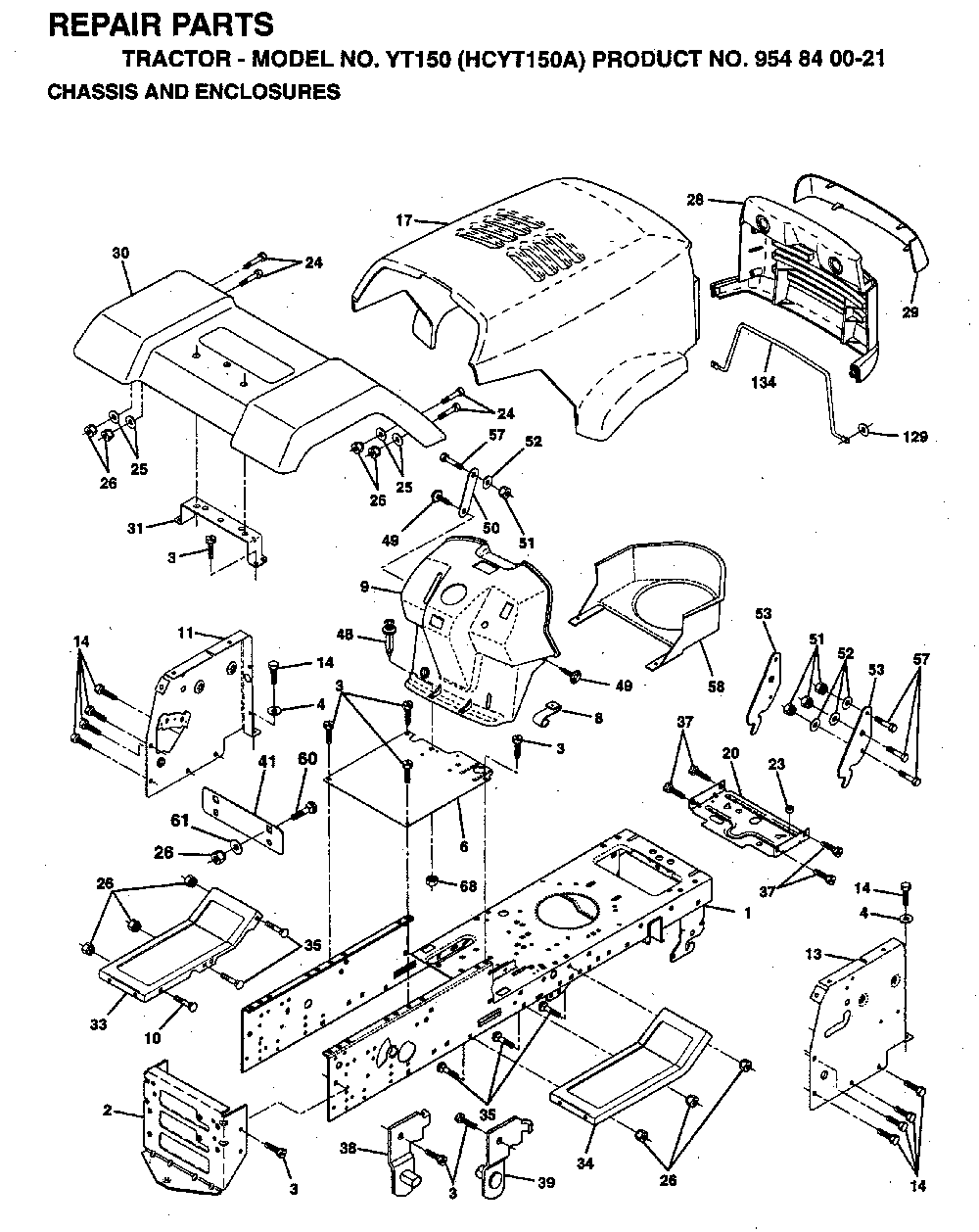 Chassis And Enclosures Diagram and Parts List for YT150 (HCYT150A, 954840021)(1996-01) Husqvarna Lawn Tractor