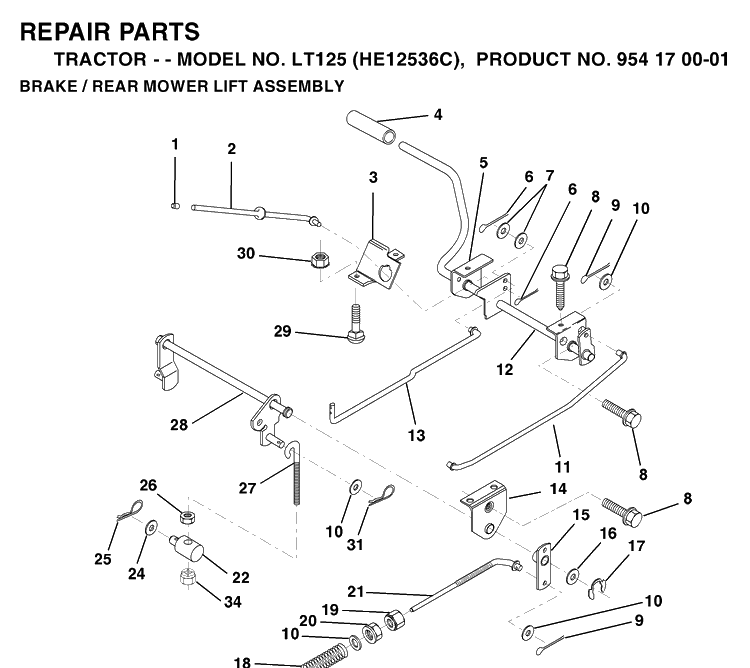 Brake / Rear Mower Lift Diagram and Parts List for LT125 (HE12536C)(1996-01) Husqvarna Lawn Tractor