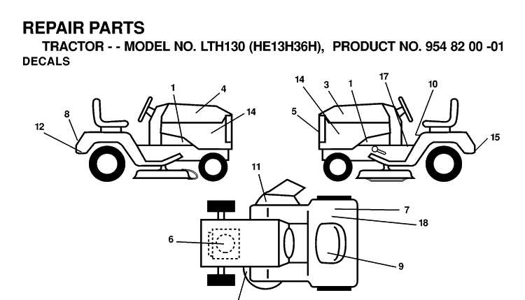 Decals Diagram and Parts List for LTH130 (HE13H36H)(2000-02) Husqvarna Lawn Tractor