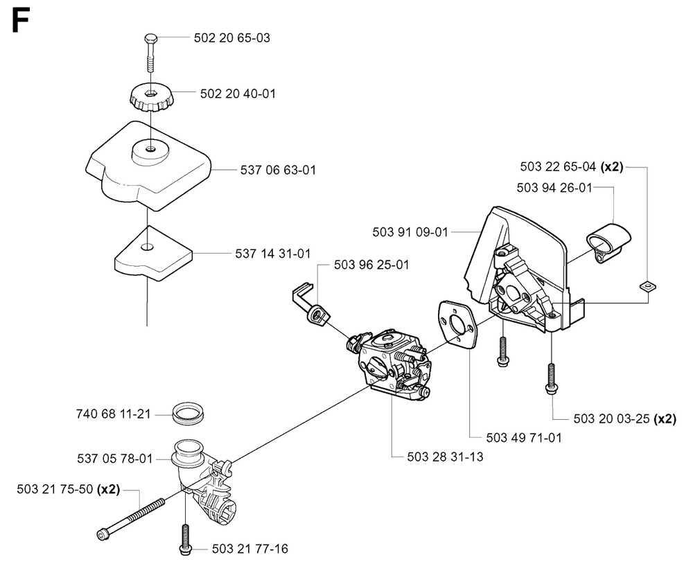 Carburetor And Air Filter Diagram and Parts List for 326HE4X 20013500001 - 20033100000 Husqvarna Hedge Trimmer