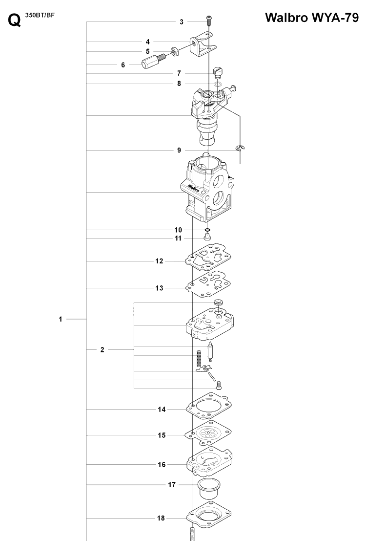 Carburetor Details Diagram and Parts List for 350BT 20090900001-20170600000 Husqvarna Leaf Blower / Vacuum