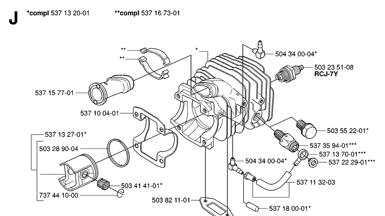 Cylinder Piston Diagram and Parts List for 338XPT 20063600001-20100600000 Husqvarna Chainsaw