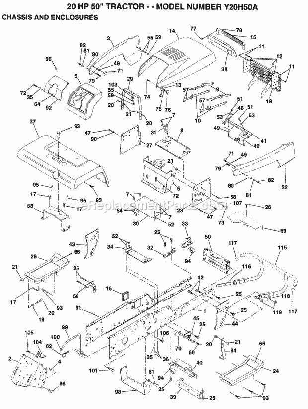 Chassis And Enclosures Diagram and Parts List for Y20H50A 1994 Husqvarna Lawn Tractor