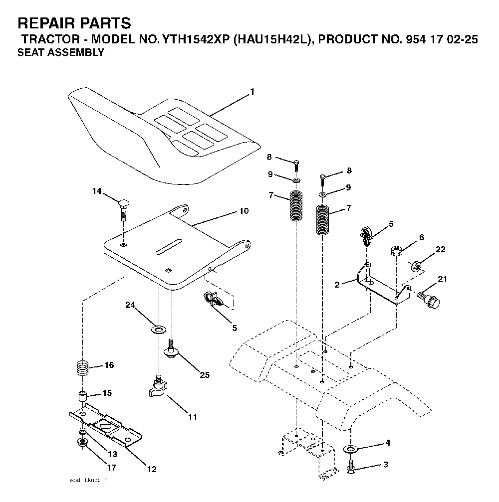Seat Diagram and Parts List for YTH1542XP (HAU15H42L, 954170225)(2005-05) Husqvarna Lawn Tractor