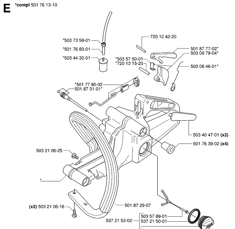 Fuel Tank And Handle Diagram and Parts List for 55 (RANCHER)(20060600001-20070500000) Husqvarna Chainsaw