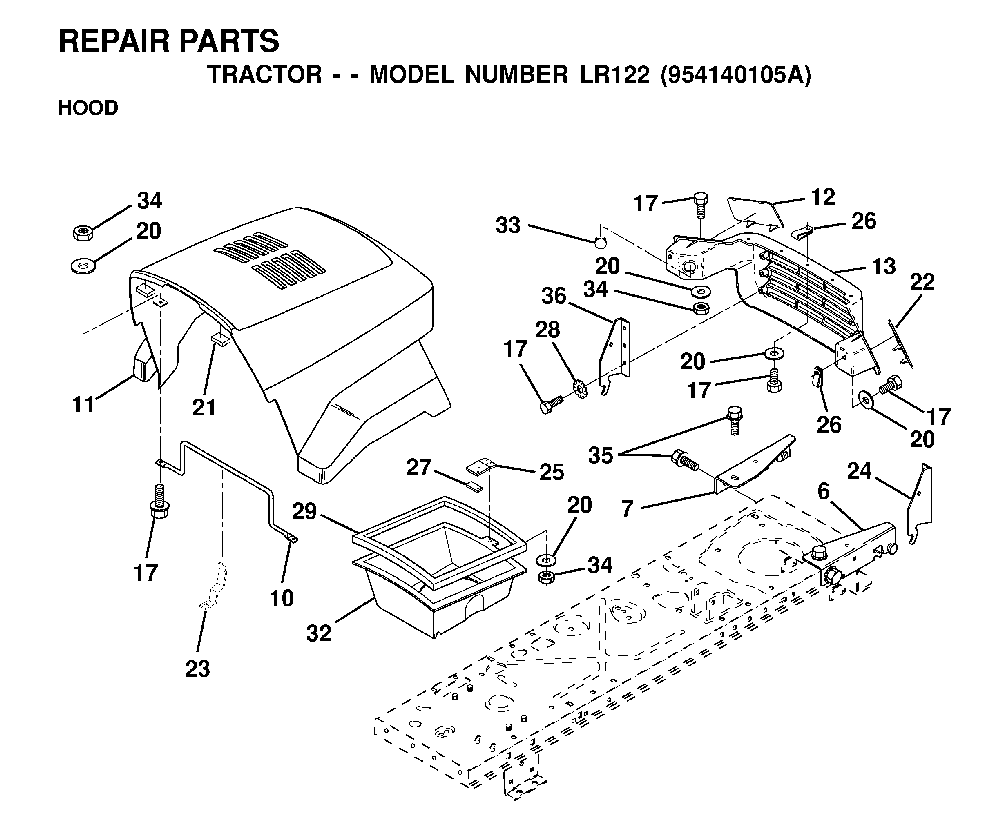 Hood Diagram and Parts List for LR122 (954140105A)(1999-09) Husqvarna Lawn Tractor