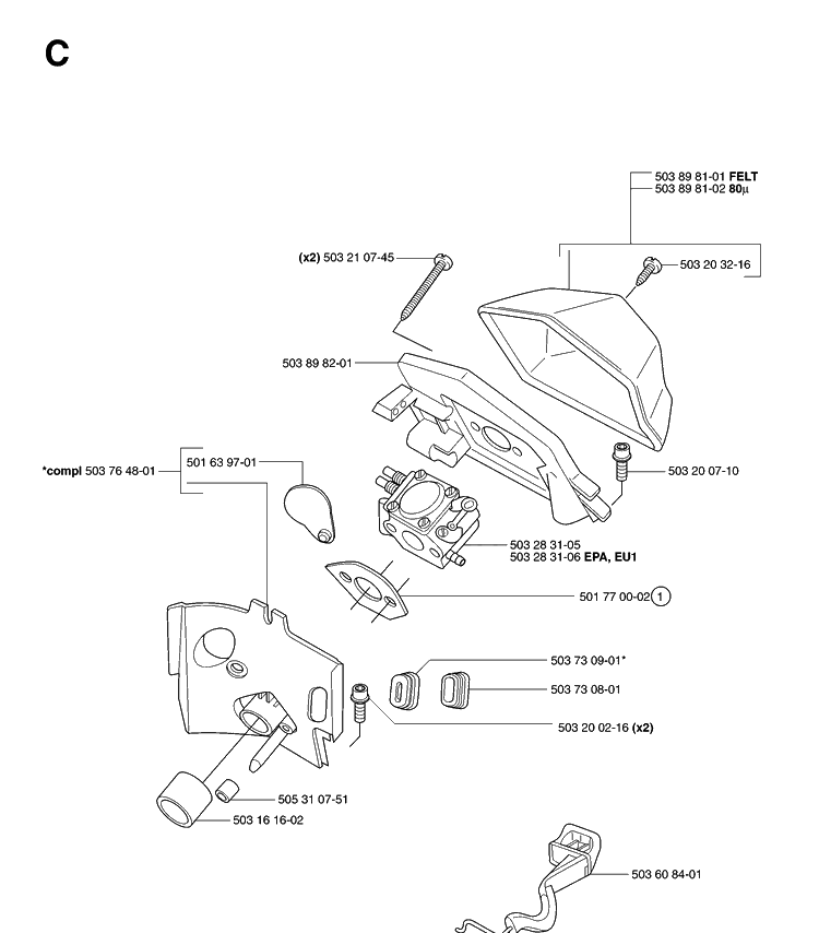 Carburetor And Air Filter 2 Diagram and Parts List for 55 20070500001-Current Husqvarna Chainsaw