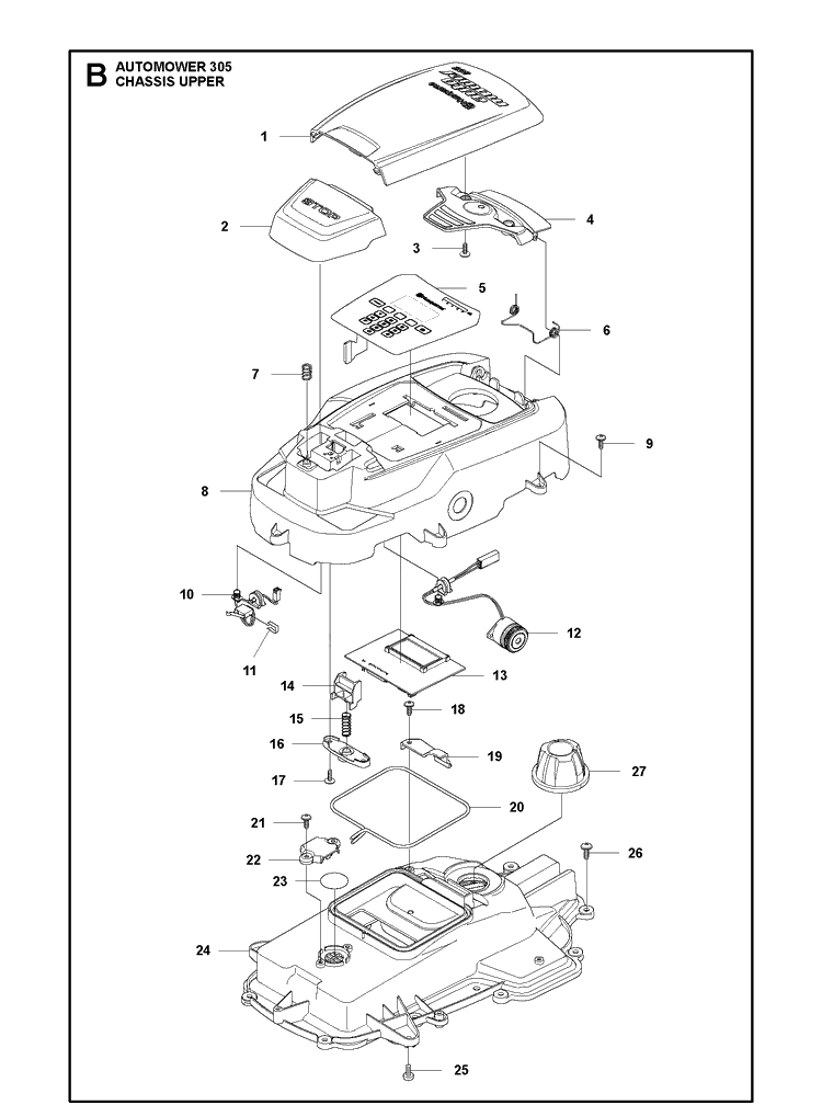 Chassis Upper Diagram and Parts List for 305 2013-01 Husqvarna Lawn Mower
