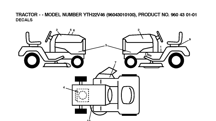 Decals Diagram and Parts List for YTH22V46 (96043010100)(2009-12) Husqvarna Lawn Tractor