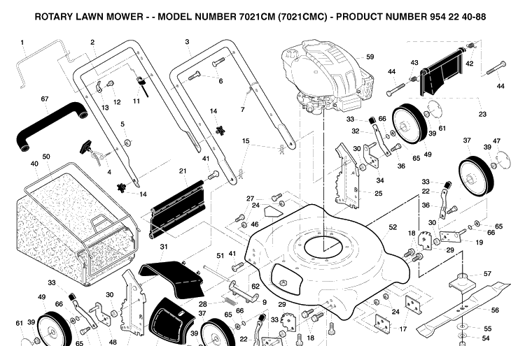 Product Complete Diagram and Parts List for 7021CM (954224088)(2004-09) Husqvarna Lawn Mower