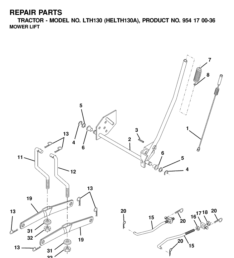 Mower Lift / Deck Lift Diagram and Parts List for LTH130 (HELTH130A)(2001-01) Husqvarna Lawn Tractor