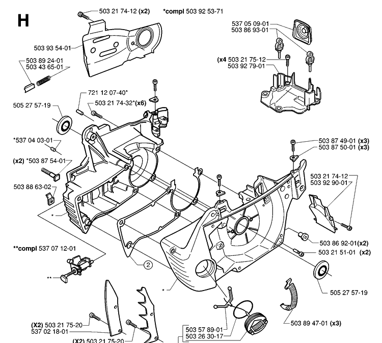 Crankcase Diagram and Parts List for 359 20010100001-20014000000 Husqvarna Chainsaw