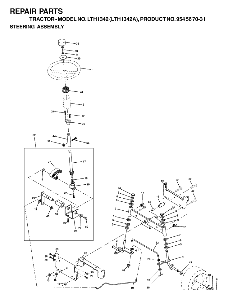 Steering Diagram and Parts List for LTH1342-LTH1342A 2000-12 Husqvarna Lawn Tractor