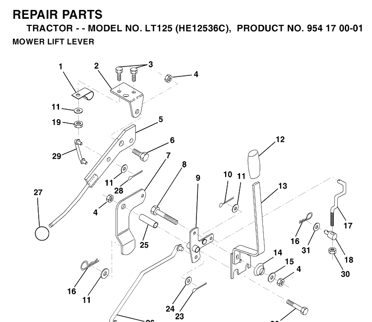 Mower Lift Lever Diagram and Parts List for LT125 (HE12536C)(1996-01) Husqvarna Lawn Tractor