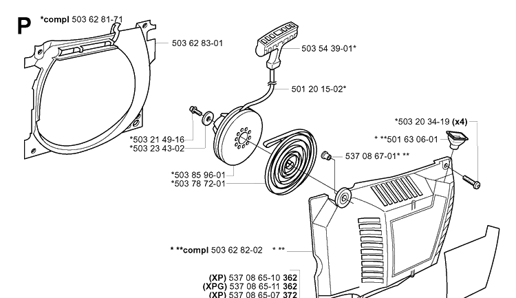 Starter 2 Diagram and Parts List for 372XP/ (XPG)(20034000001-20051800000) Husqvarna Chainsaw
