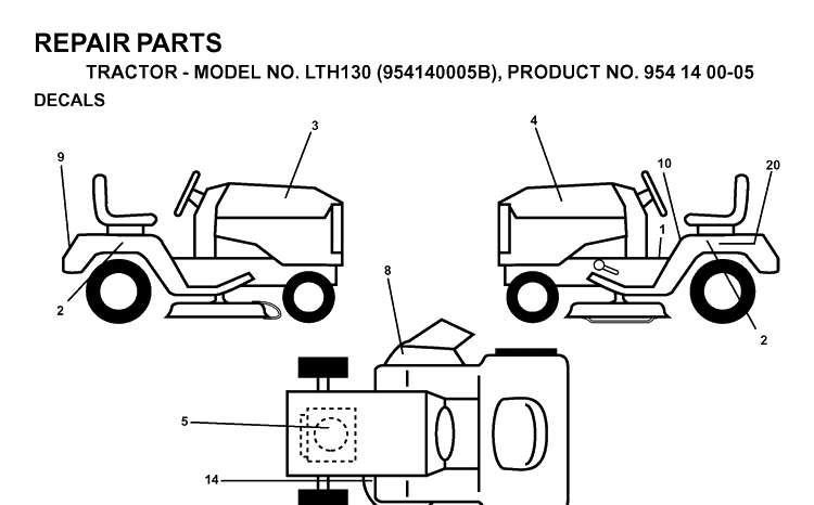 Decals Diagram and Parts List for LTH130 (954140005B)(1997-01) Husqvarna Lawn Tractor