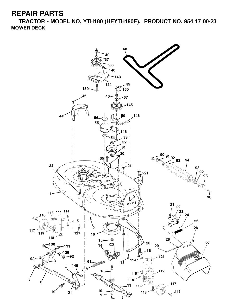 Mower Deck / Cutting Deck Diagram and Parts List for YTH180 (954170023-E)(2001-01) Husqvarna Lawn Tractor