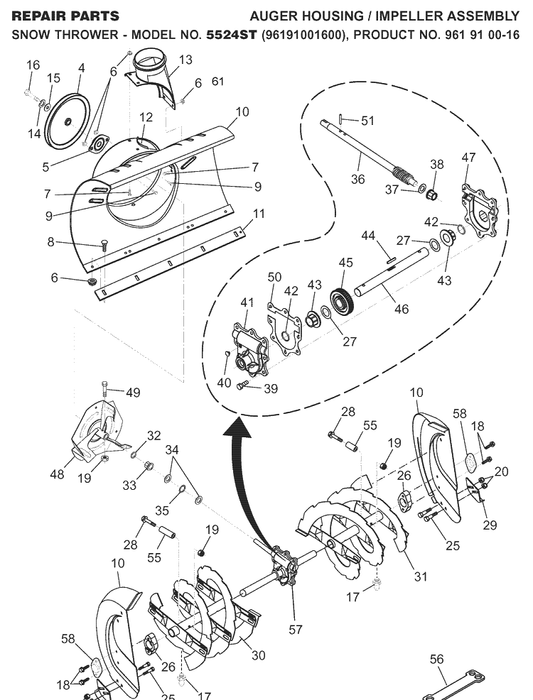 Auger Housing And Impeller Diagram and Parts List for 5524ST (96191001600)(2007-07) Husqvarna Snow Blower