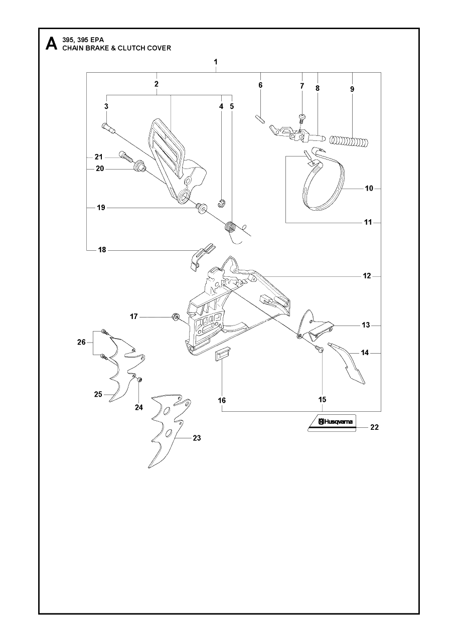 Chain Brake And Clutch Cover Diagram and Parts List for 395XP-XPG (EPA)(20163900001 - 20193499999) Husqvarna Chainsaw