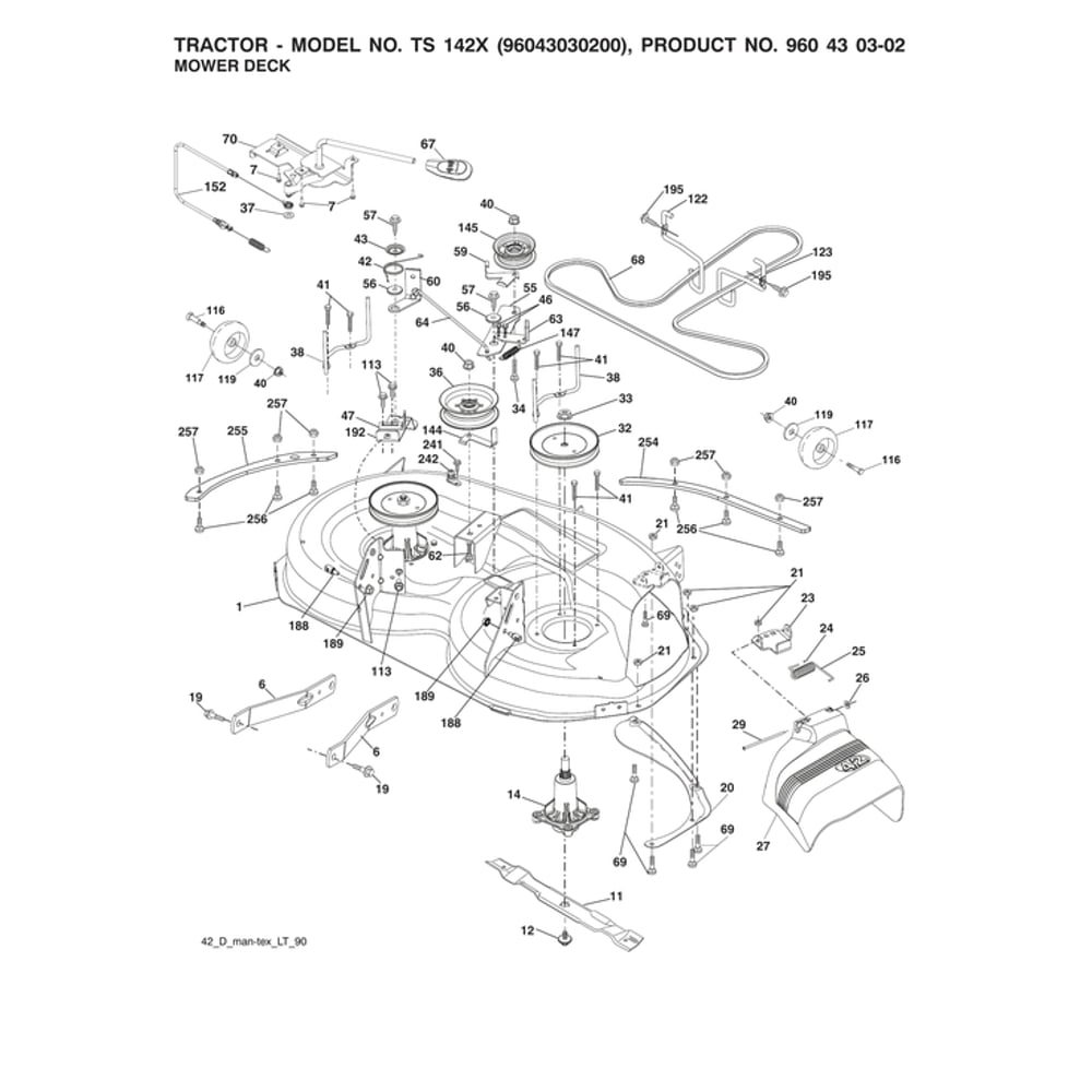 Mower Deck Assembly Parts Diagram and Parts List for 96043030200  Husqvarna Lawn Tractor