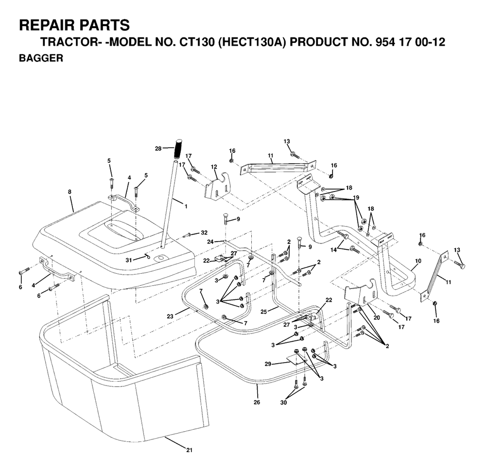 Bagger Diagram and Parts List for CT130 (954170012-A)(1999-03) Husqvarna Lawn Tractor