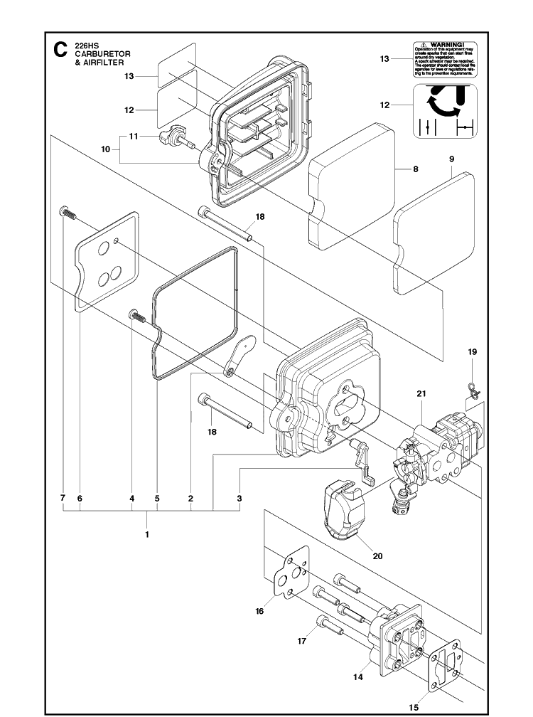 Carburetor And Air Filter Diagram and Parts List for 226HS75S (967279602)(20150400001-Current) Husqvarna Hedge Trimmer
