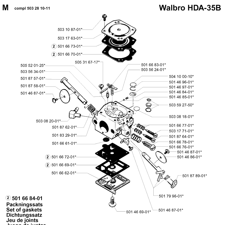 Carburetor Details Diagram and Parts List for 254 19980900001-19992300000 Husqvarna Chainsaw