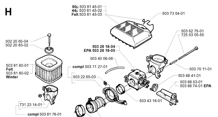 Carburetor And Air Filter Diagram and Parts List for 362XP 19994500001-20014000000 Husqvarna Chainsaw
