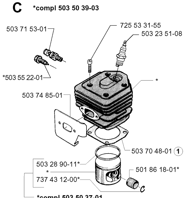 Cylinder Piston Diagram and Parts List for 254 19980900001-19992300000 Husqvarna Chainsaw