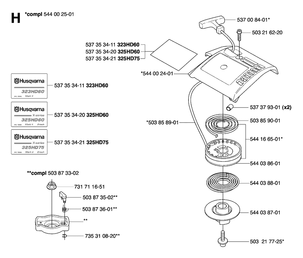 Starter Diagram and Parts List for 325HD75X 20062300001 - 20081400000 Husqvarna Hedge Trimmer