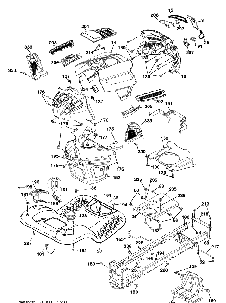 Chassis / Frame Diagram and Parts List for YTH21K46 (96045002902)(2011-08) Husqvarna Lawn Tractor