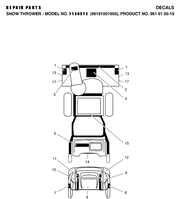 Decals Diagram and Parts List for 1130STE (96191001900)(2007-07) Husqvarna Snow Blower