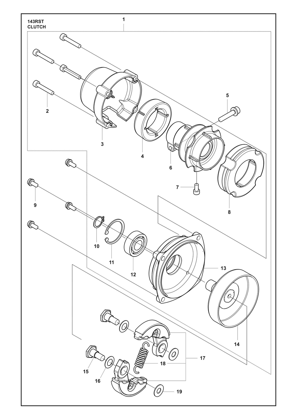 Clutch Diagram and Parts List for 143RST  Husqvarna Brush Cutter