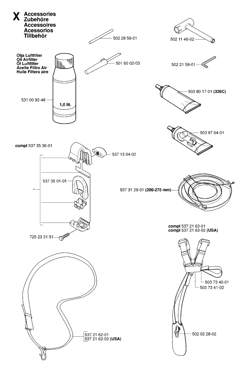 Accessories Diagram and Parts List for 326L 20061400001 & Above Husqvarna Trimmer