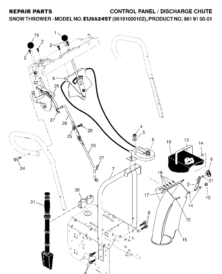 Control Panel And Discharge Chute Diagram and Parts List for 5524ST (EU5524ST)(2007-01) Husqvarna Snow Blower