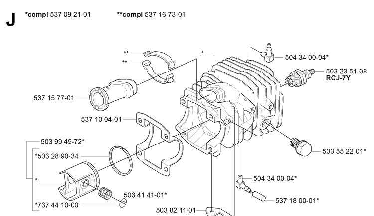 Cylinder Piston Diagram and Parts List for 334T 20060100001-20063600000 Husqvarna Chainsaw